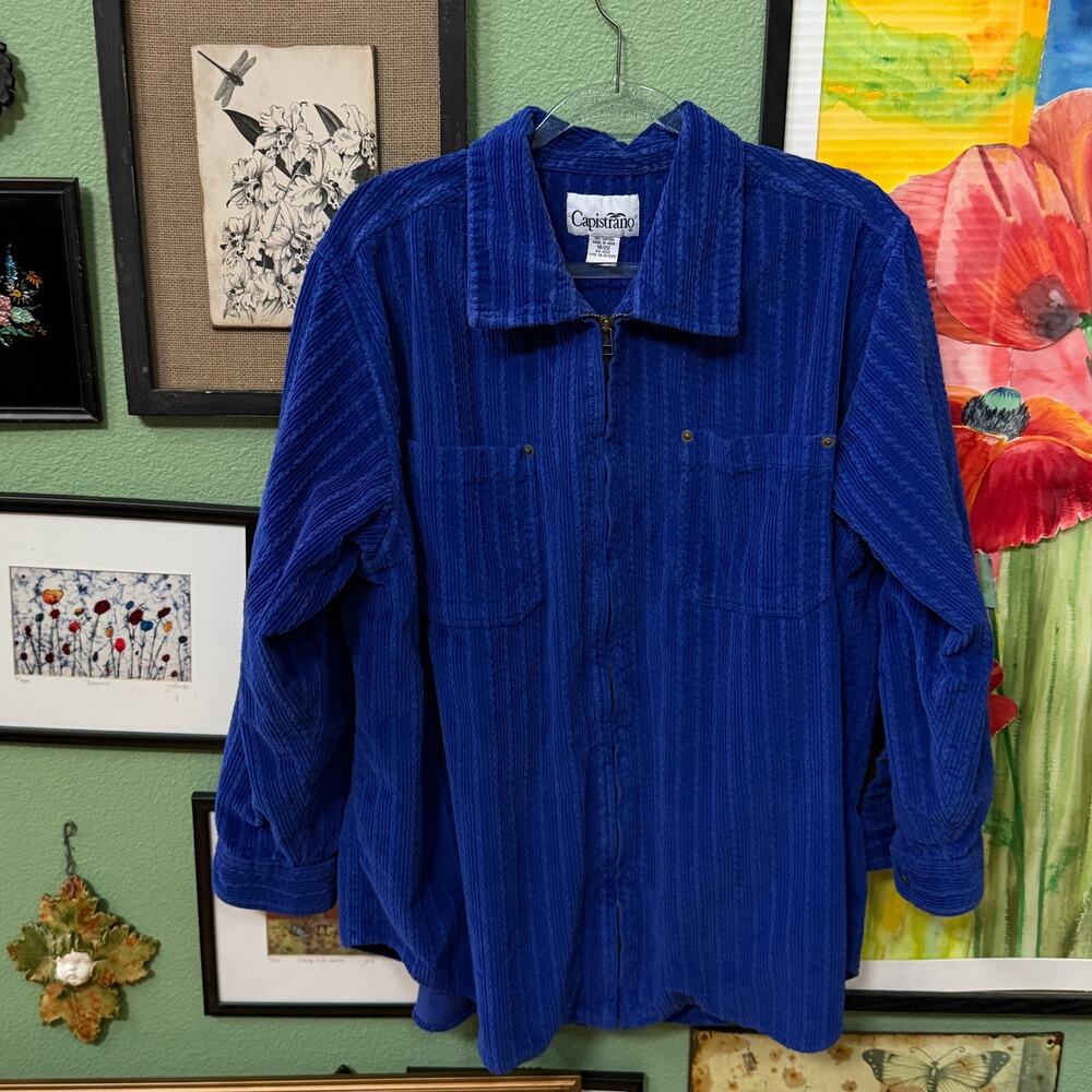 Capistrano Jacket Women SZ 18 20 Blue Cotton Corduroy Zip Ribbed Texture Shacket
